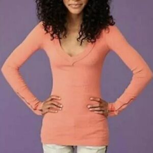 Free People Long Sleeve V-Neck Ribbed Top in Coral